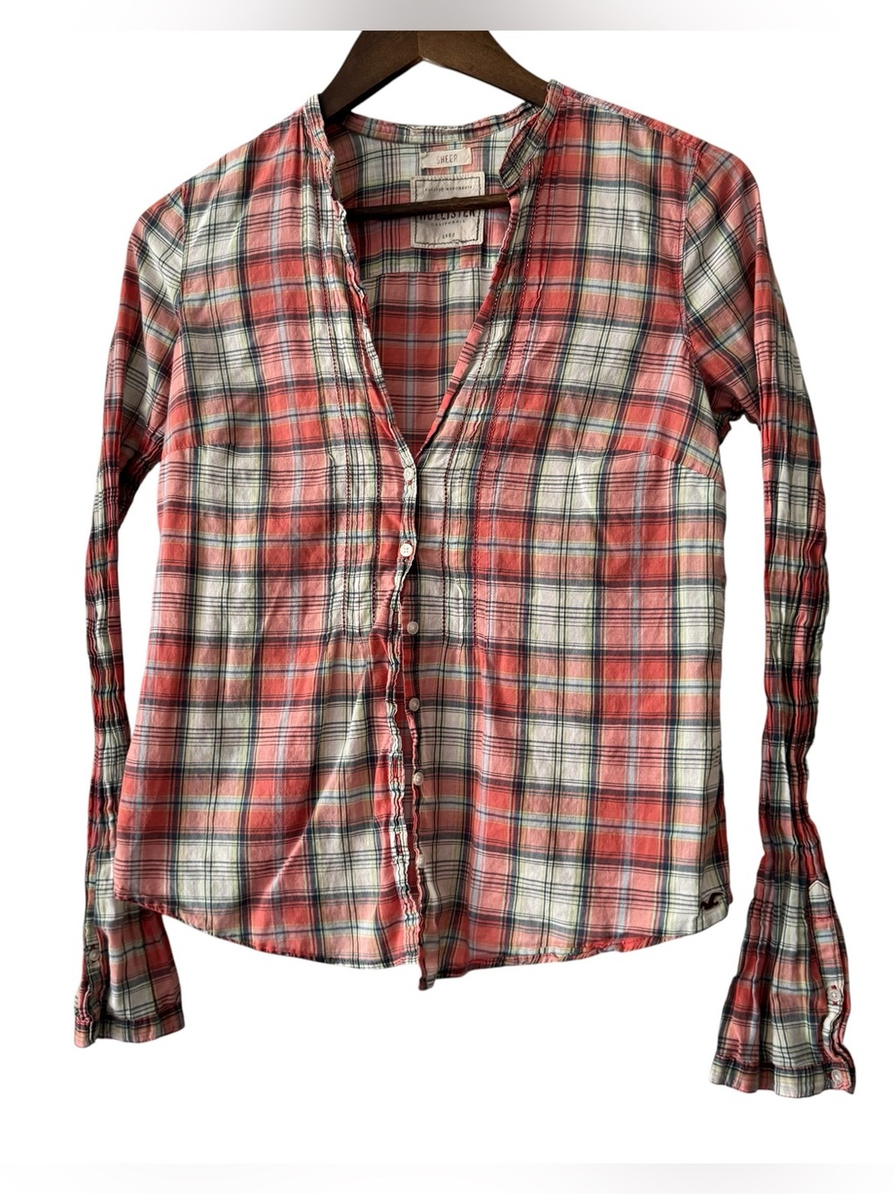 Y2K Hollister Plaid Button Up Shirt Womens Medium Pink Boho Grunge Top